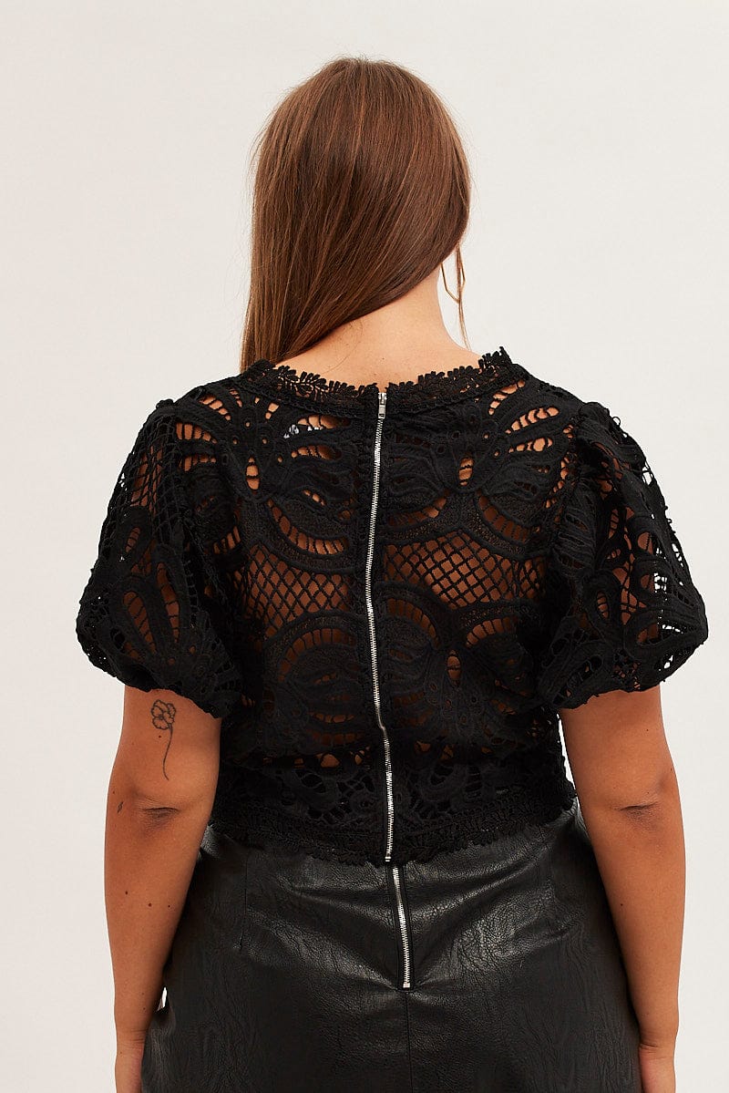 Black Crop Top Short Sleeve V Neck Crochet Lace for YouandAll Fashion