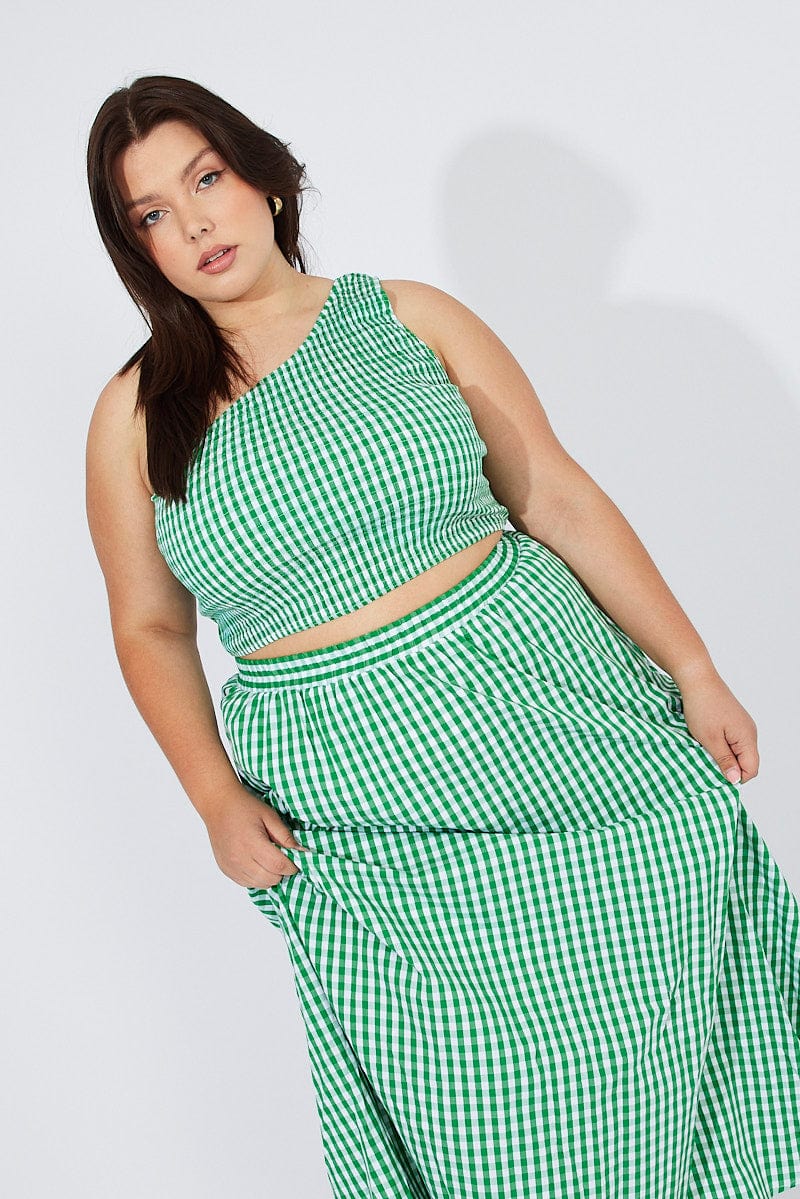 Green Check Crop Top One Shoulder Shirred for YouandAll Fashion