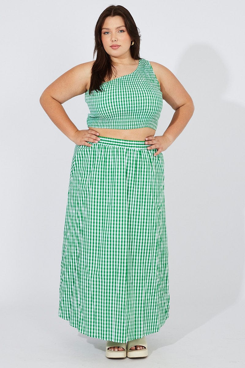 Green Check Crop Top One Shoulder Shirred for YouandAll Fashion