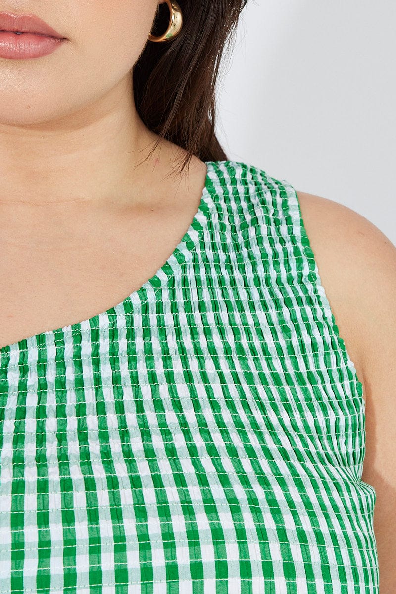 Green Check Crop Top One Shoulder Shirred for YouandAll Fashion