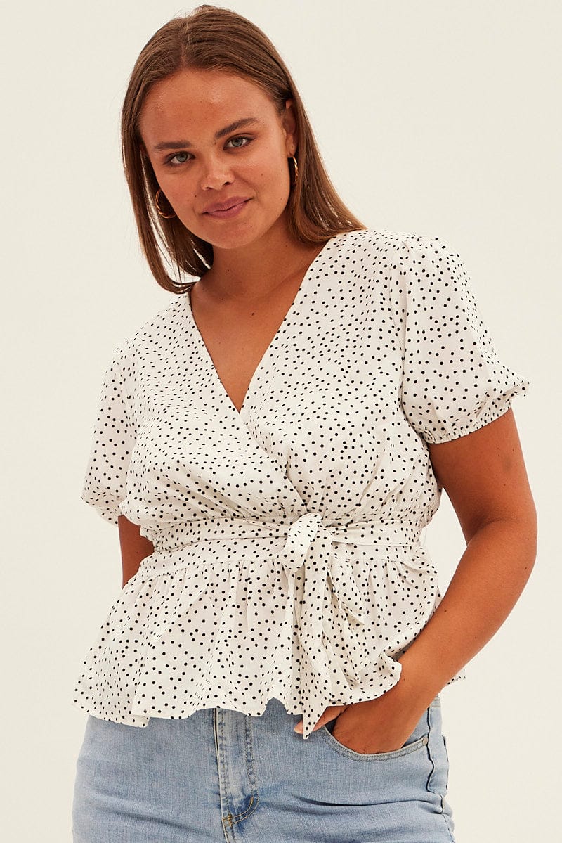 Print Workwear Top Short Sleeve Wrap Peplum for YouandAll Fashion