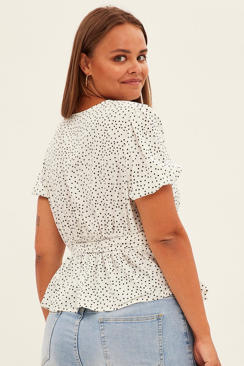 Print Workwear Top Short Sleeve Wrap Peplum for YouandAll Fashion