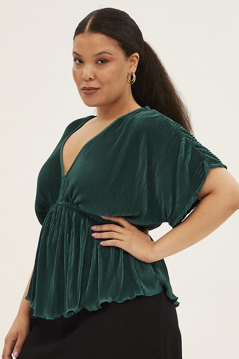 Green Short Sleeve V-Neck Plisse Top for YouandAll Fashion