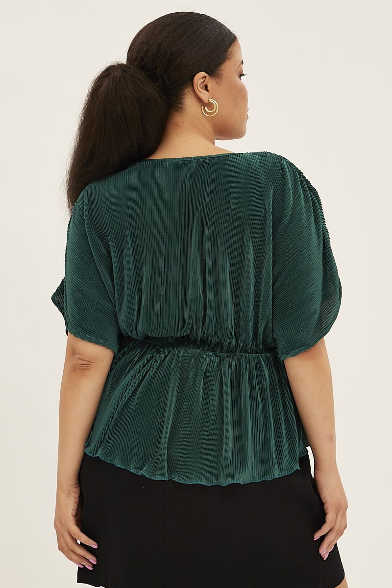 Green Short Sleeve V-Neck Plisse Top for YouandAll Fashion