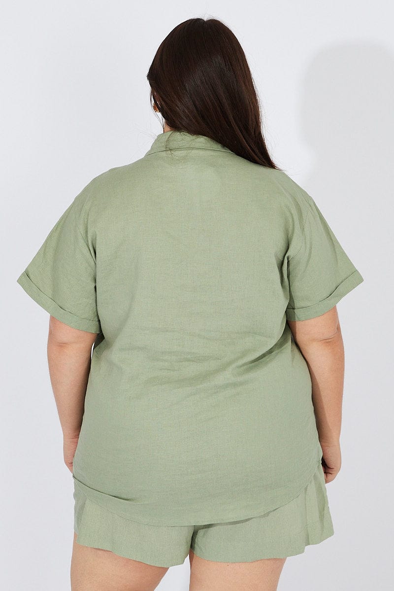 Green Relaxed Shirt Short Sleeve Linen Viscose for YouandAll Fashion