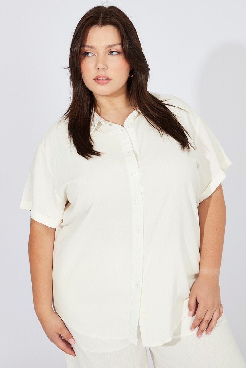 White Relaxed Shirt Short Sleeve Linen Viscose for YouandAll Fashion