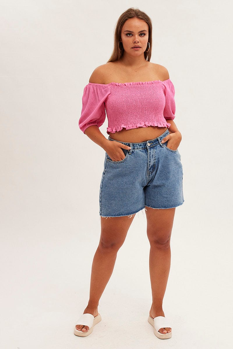 Pink Shirred Short Sleeve Crop Top for YouandAll Fashion