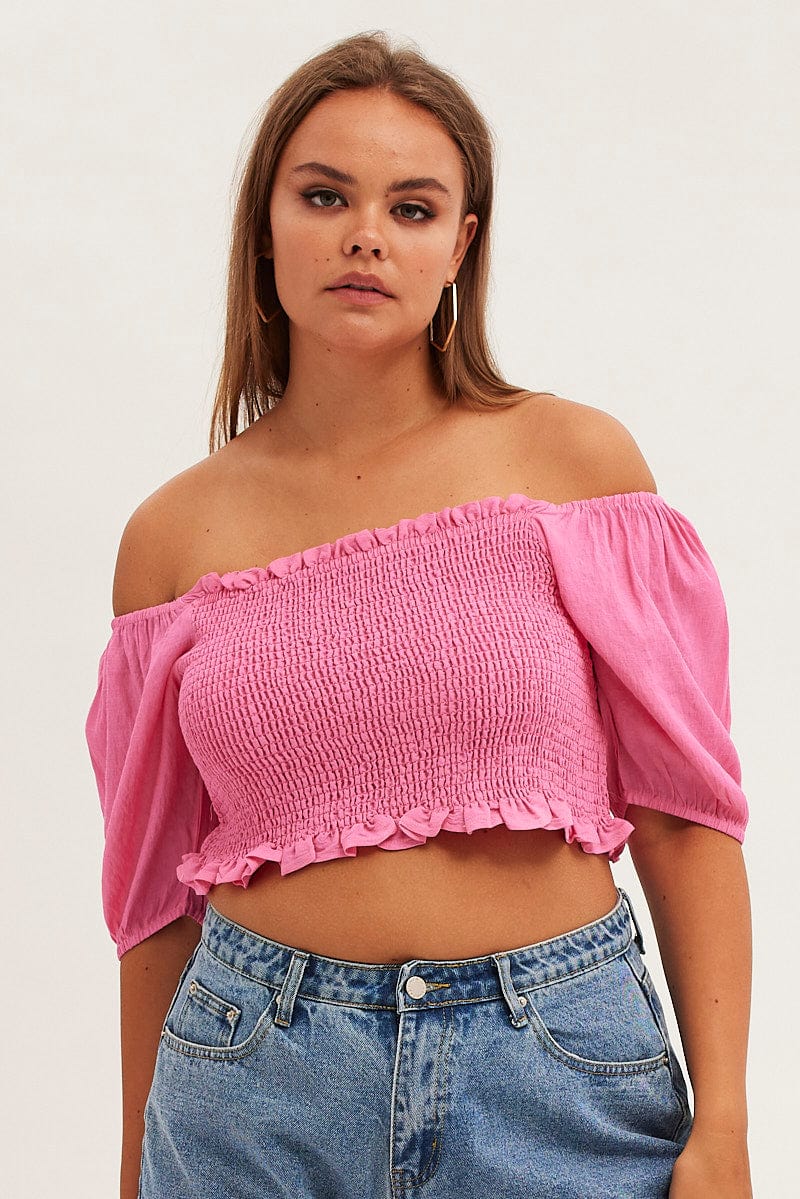 Pink Shirred Short Sleeve Crop Top for YouandAll Fashion