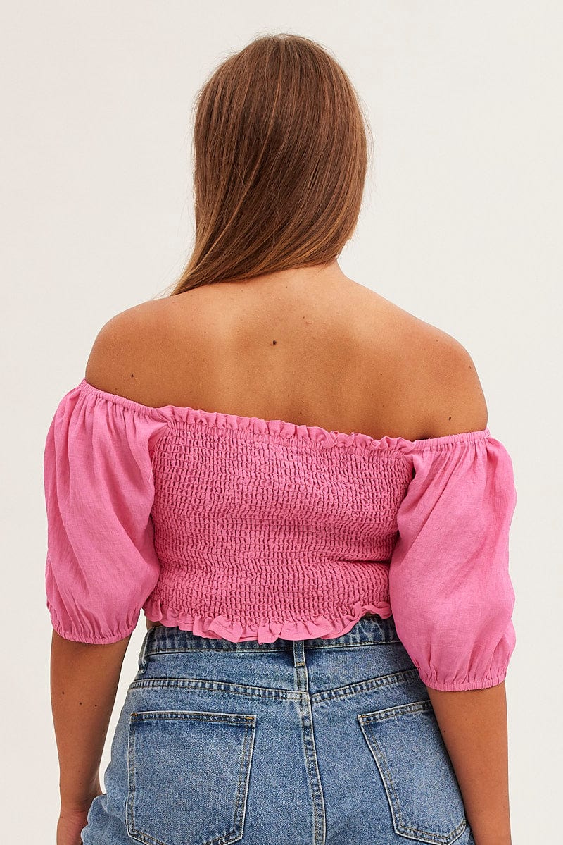 Pink Shirred Short Sleeve Crop Top for YouandAll Fashion