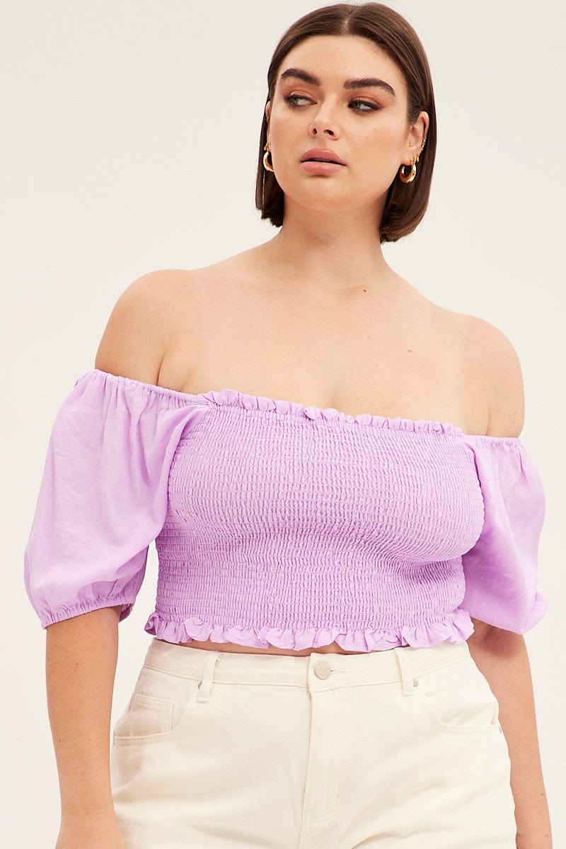 Purple Shirred Short Sleeve Crop Top for YouandAll Fashion