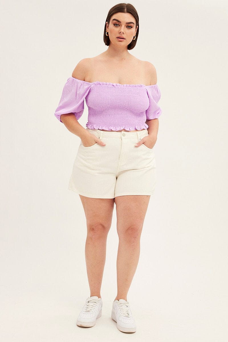 Purple Shirred Short Sleeve Crop Top for YouandAll Fashion