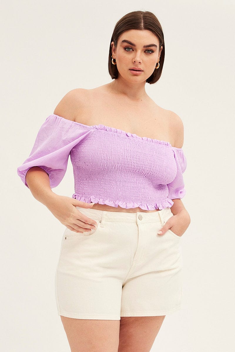 Purple Shirred Short Sleeve Crop Top for YouandAll Fashion