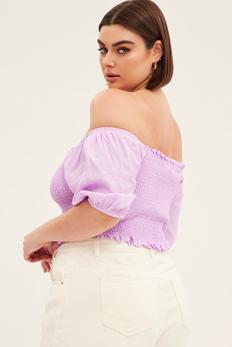 Purple Shirred Short Sleeve Crop Top for YouandAll Fashion