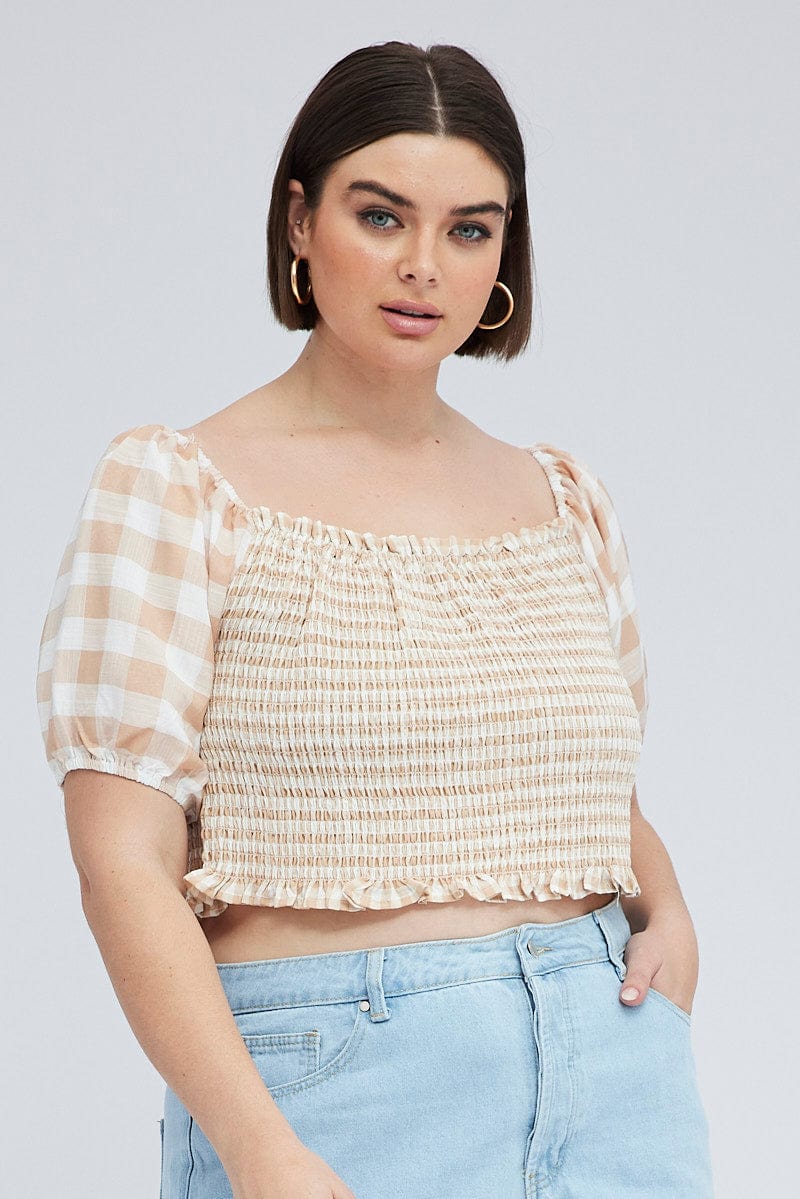 Beige Check Shirred Top Short Sleeve Square Neck for YouandAll Fashion