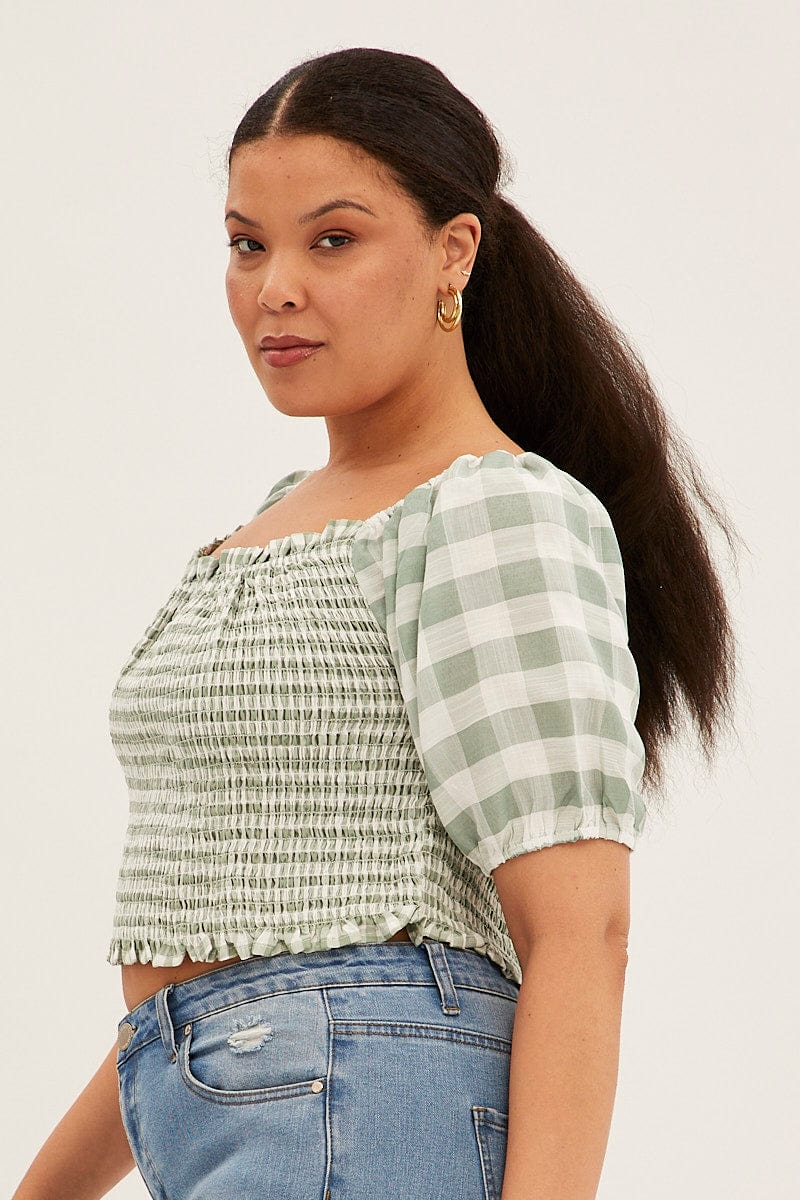 Green Check Shirred Top Short Sleeve Square Neck for YouandAll Fashion