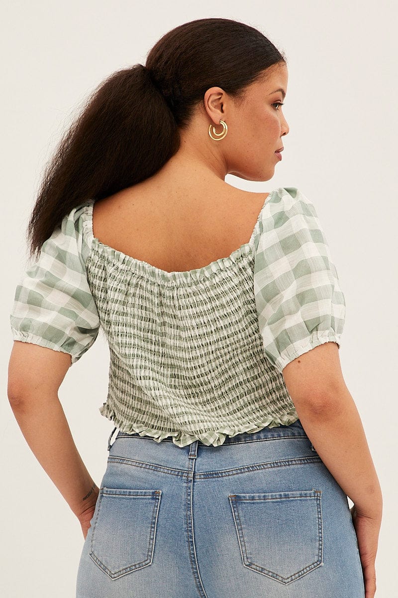 Green Check Shirred Top Short Sleeve Square Neck for YouandAll Fashion