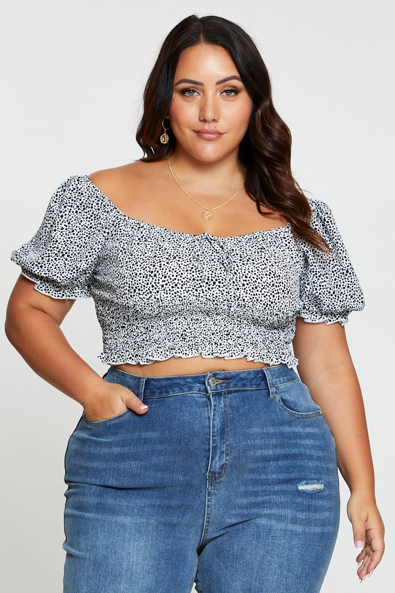 Geo Print Crop Top Short Sleeve Shirred For Women By You And All