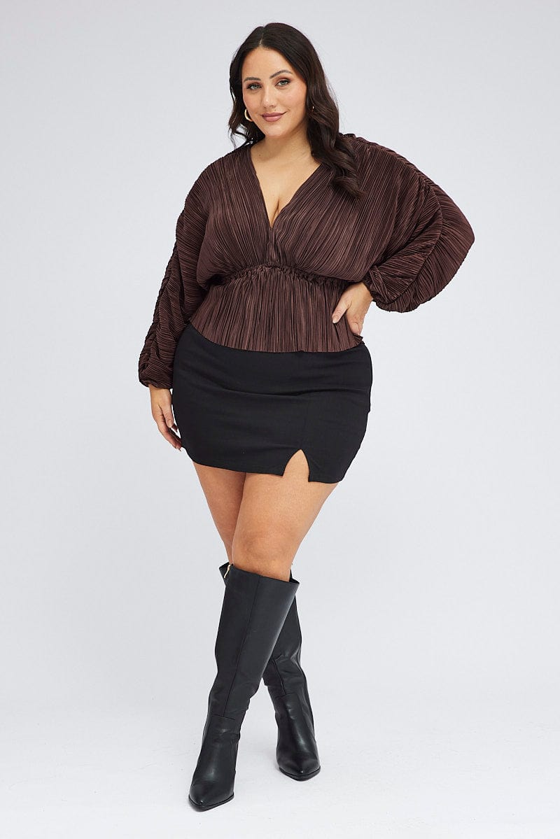 Brown Plisse Top Long Sleeve Peplum for YouandAll Fashion