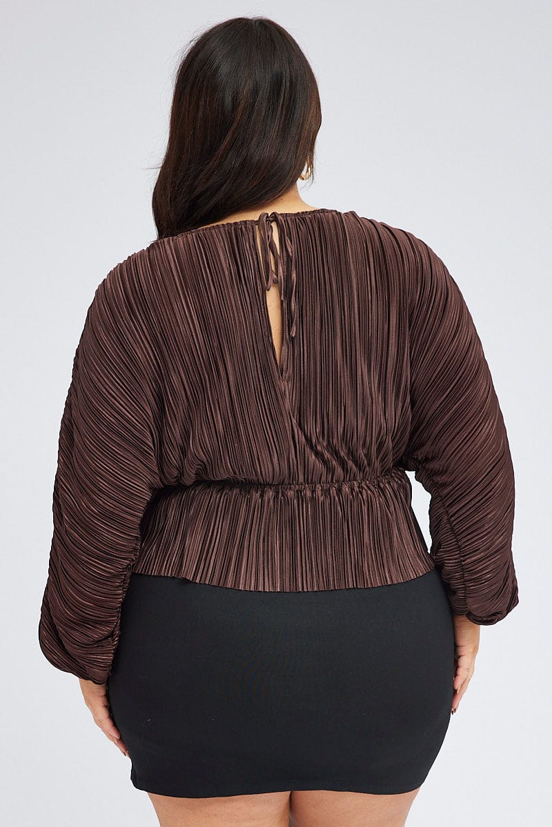 Brown Plisse Top Long Sleeve Peplum for YouandAll Fashion