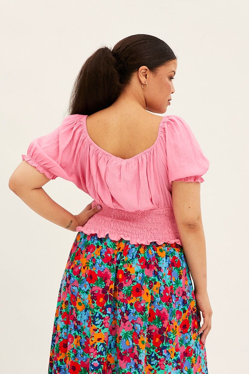 Pink Crop Top Short Sleeve Waist Shirred for YouandAll Fashion