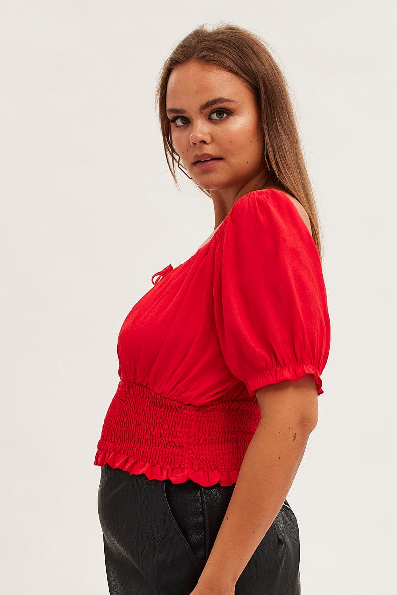 Red Crop Top Short Sleeve Waist Shirred for YouandAll Fashion