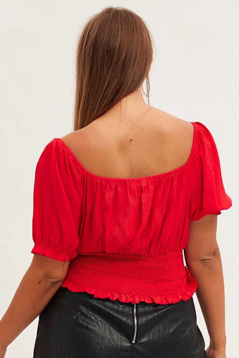 Red Crop Top Short Sleeve Waist Shirred for YouandAll Fashion