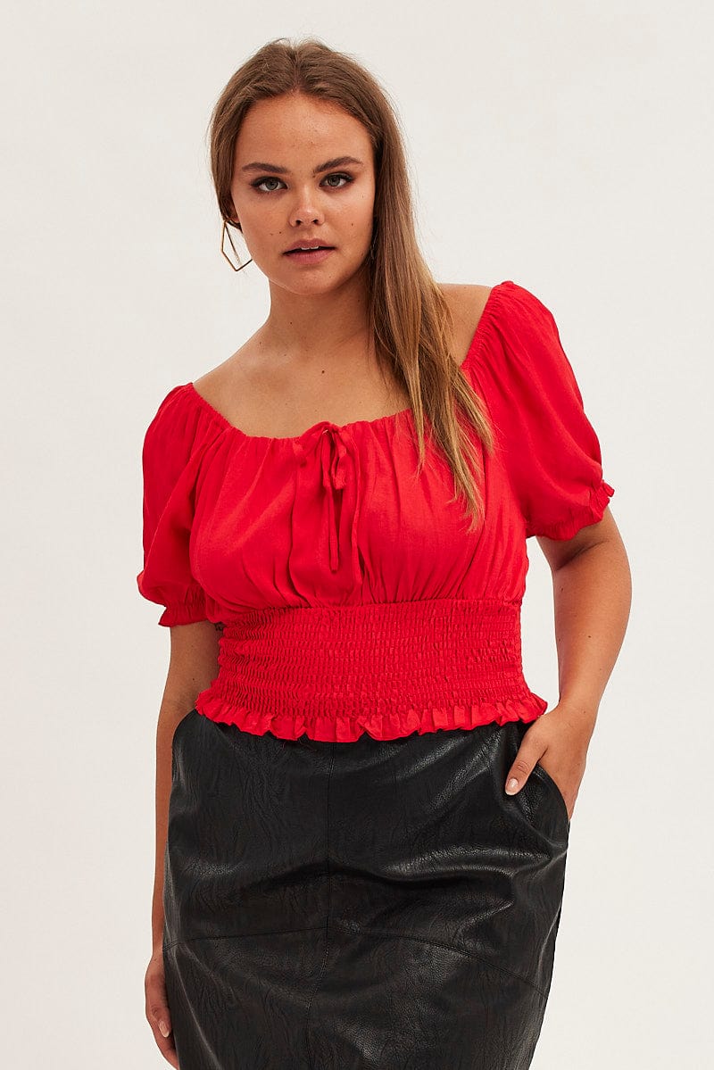 Red Crop Top Short Sleeve Waist Shirred for YouandAll Fashion