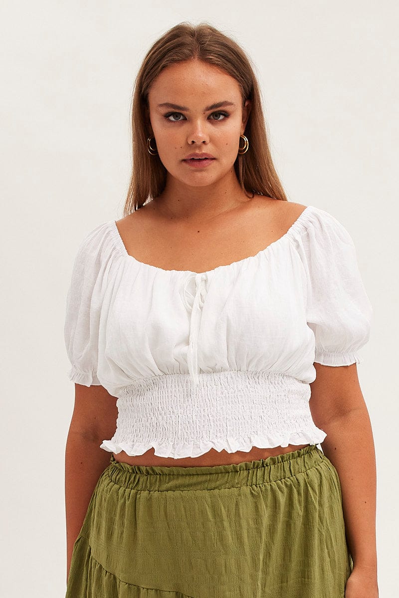 White Crop Top Short Sleeve Waist Shirred for YouandAll Fashion