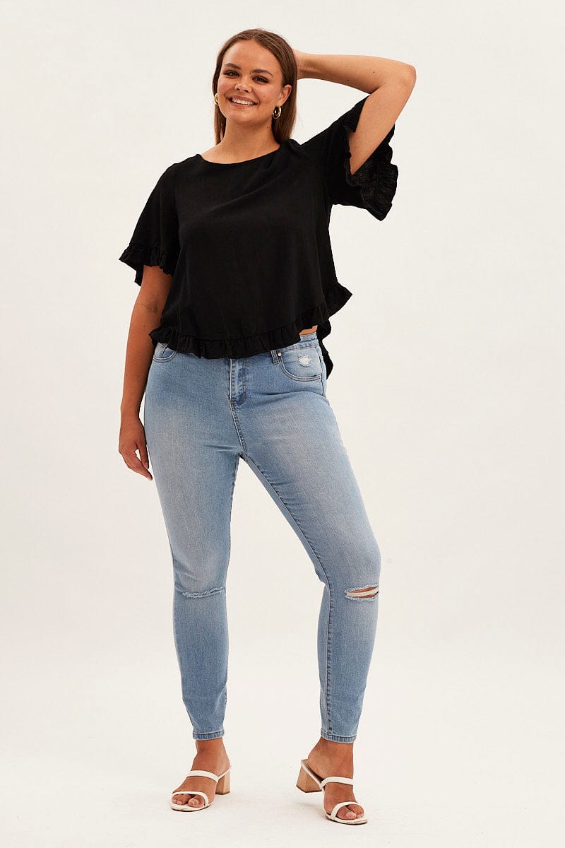 Black Linen Shell Top Short Sleeveruffle for YouandAll Fashion