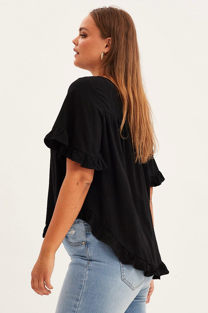 Black Linen Shell Top Short Sleeveruffle for YouandAll Fashion