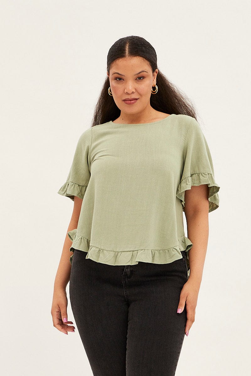 Green Linen Shell Top Short Sleeveruffle | You & All