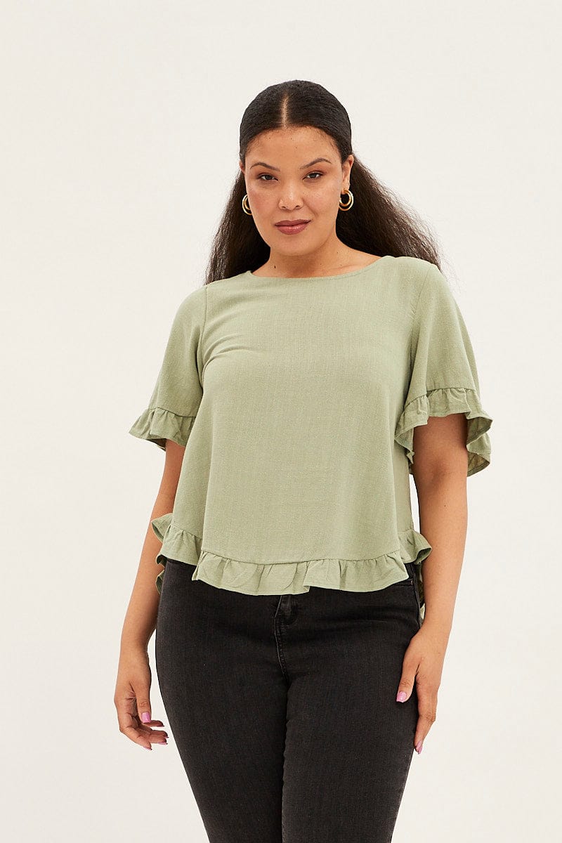 Green Linen Shell Top Short Sleeveruffle for YouandAll Fashion