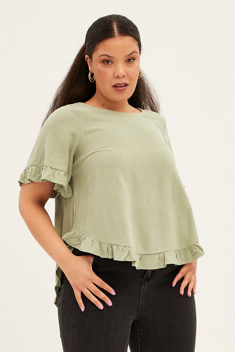 Green Linen Shell Top Short Sleeveruffle for YouandAll Fashion