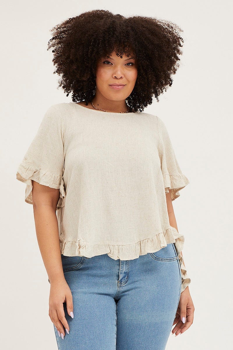Nude Linen Shell Top  Short Sleeve Ruffle for Women by You and All