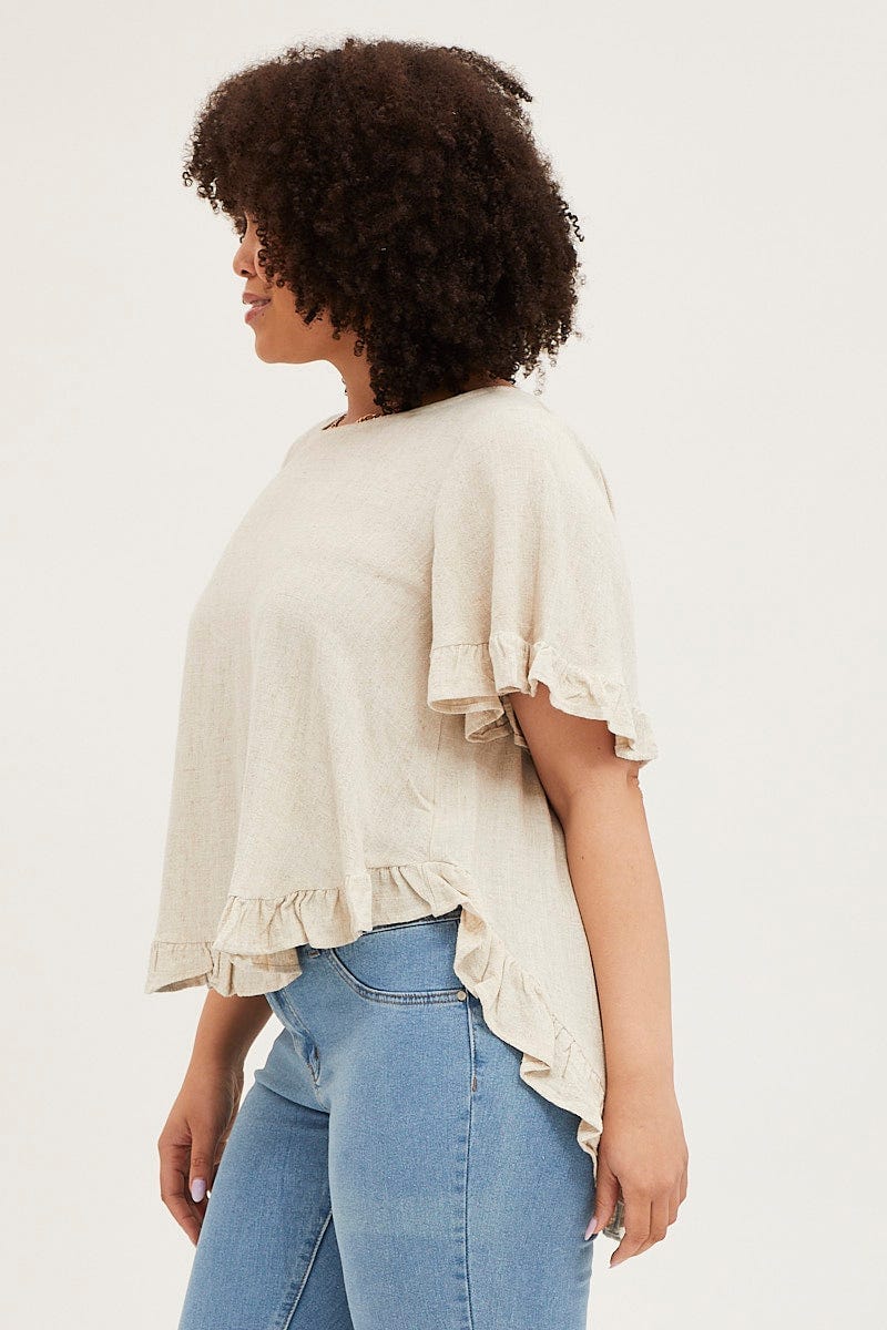 Nude Linen Shell Top  Short Sleeve Ruffle for Women by You and All