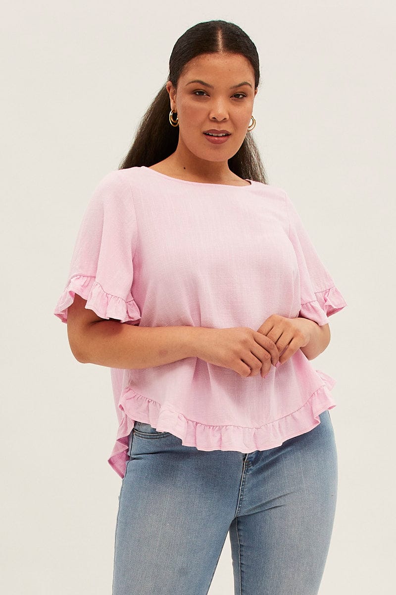 Pink Relaxed Top Short Sleeve Frill Linen Viscose for YouandAll Fashion