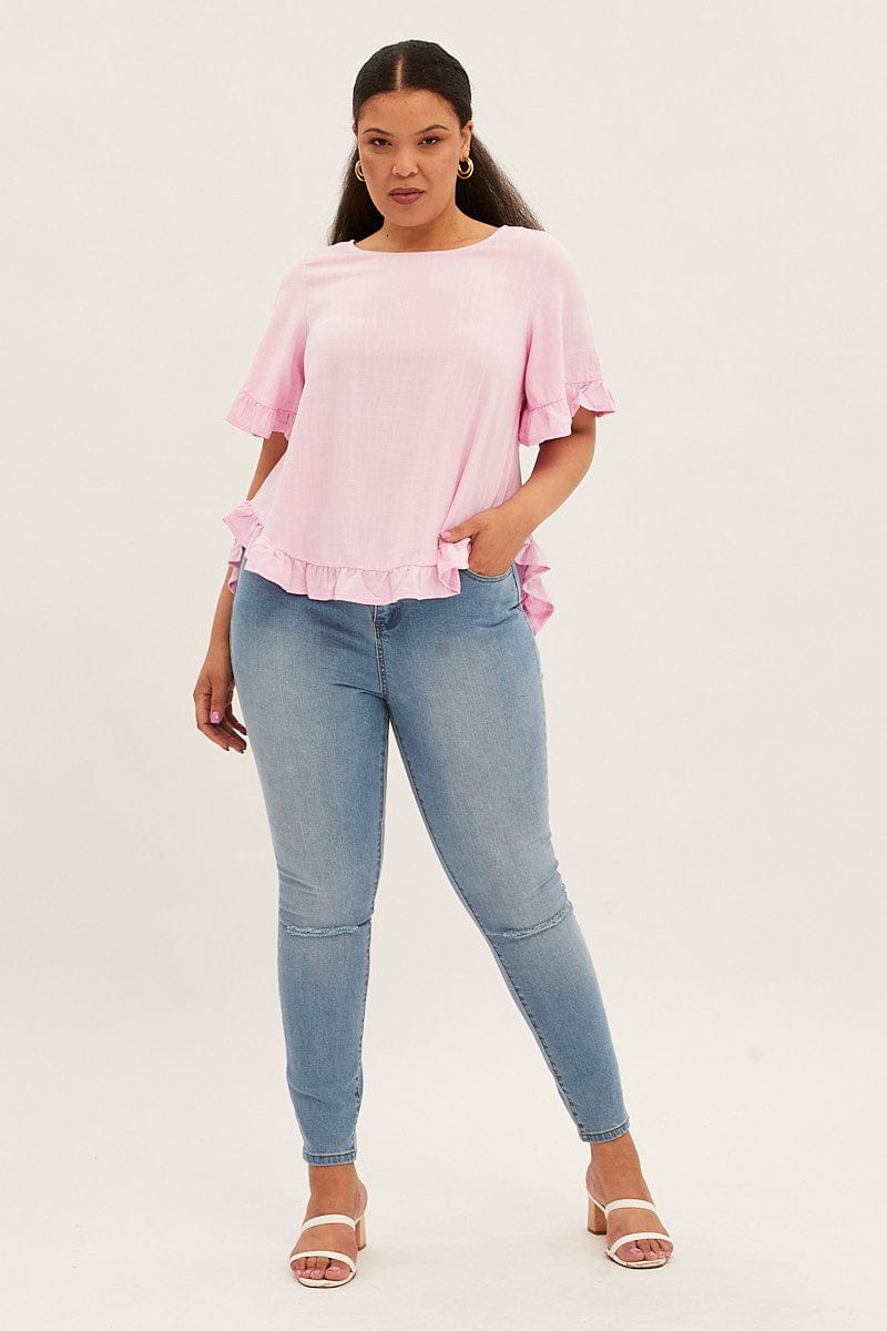 Pink Relaxed Top Short Sleeve Frill Linen Viscose for YouandAll Fashion