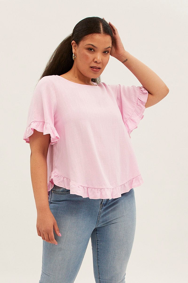 Pink Relaxed Top Short Sleeve Frill Linen Viscose for YouandAll Fashion