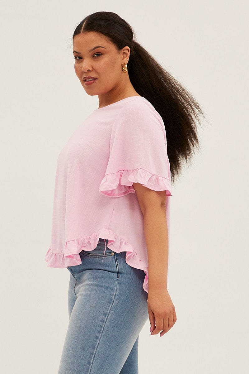 Pink Relaxed Top Short Sleeve Frill Linen Viscose for YouandAll Fashion