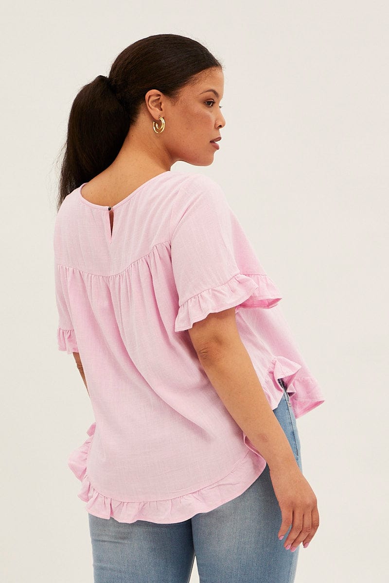 Pink Relaxed Top Short Sleeve Frill Linen Viscose for YouandAll Fashion