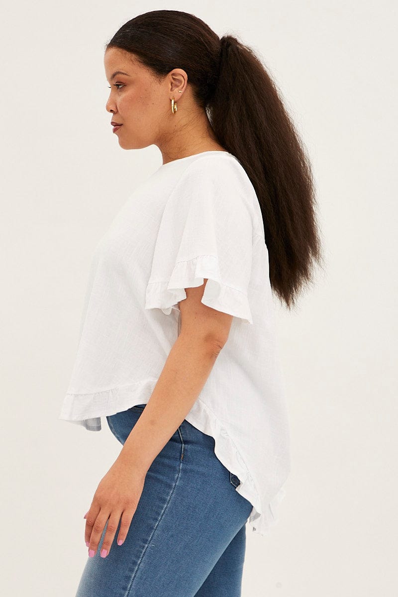 White Relaxed Top Short Sleeve Frill Linen Viscose for YouandAll Fashion