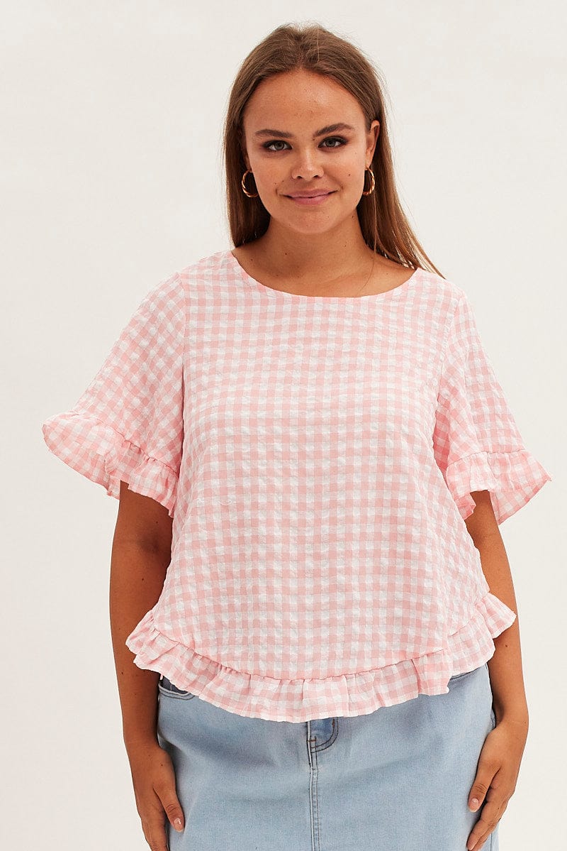 Pink Check Relaxed Top Short Sleeve Ruffle for YouandAll Fashion