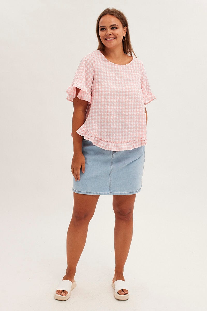 Pink Check Relaxed Top Short Sleeve Ruffle for YouandAll Fashion