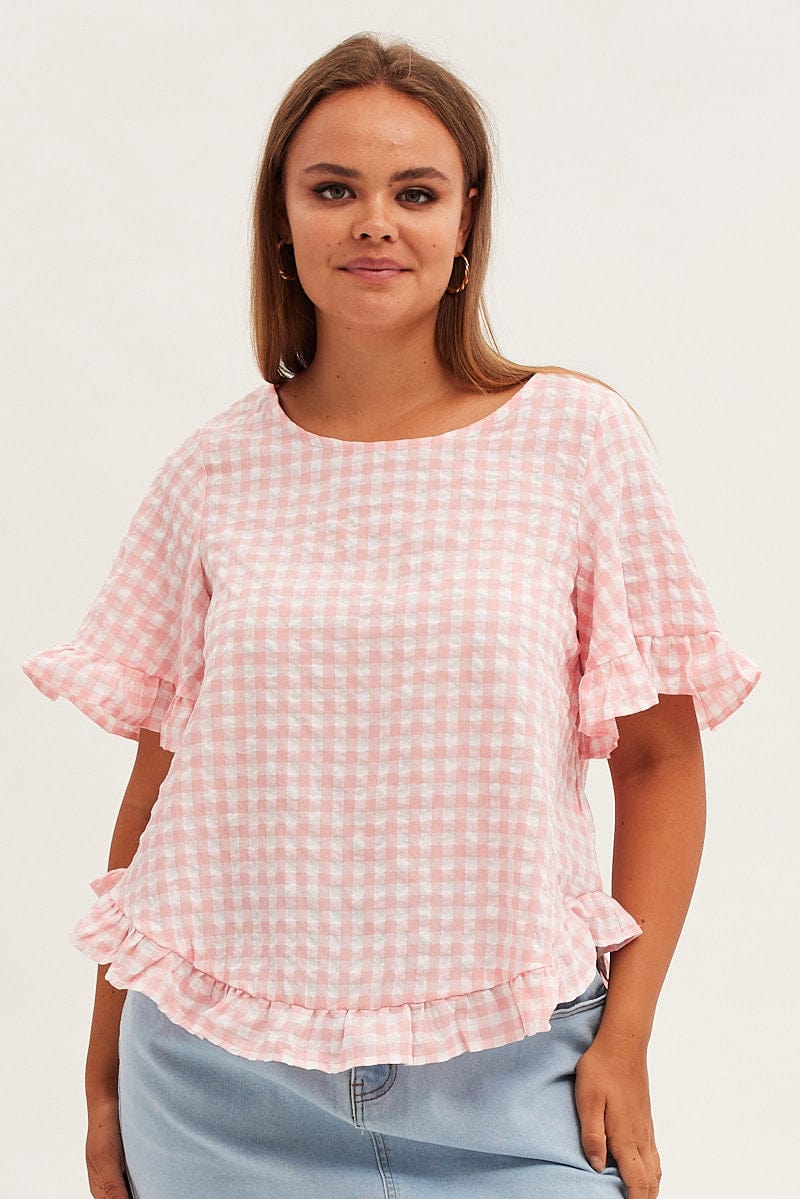 Pink Check Relaxed Top Short Sleeve Ruffle for YouandAll Fashion