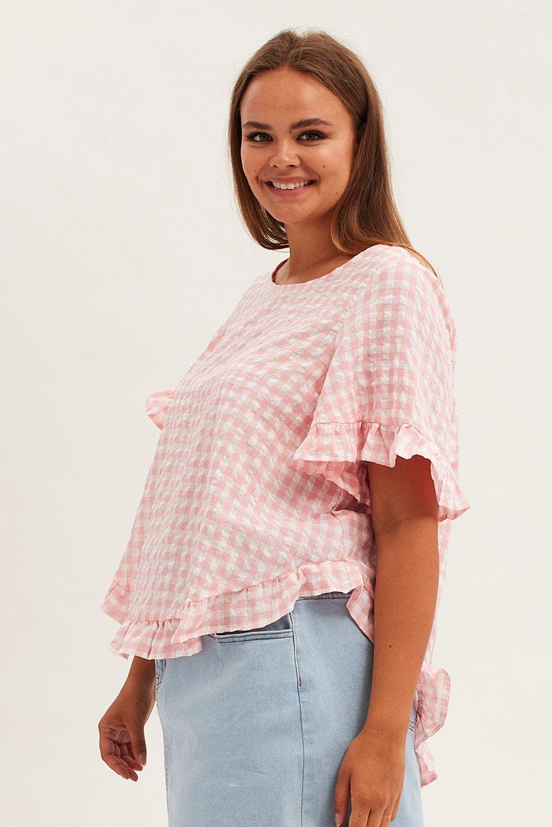 Pink Check Relaxed Top Short Sleeve Ruffle for YouandAll Fashion