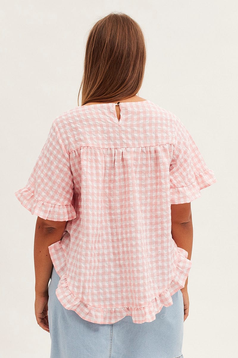 Pink Check Relaxed Top Short Sleeve Ruffle for YouandAll Fashion