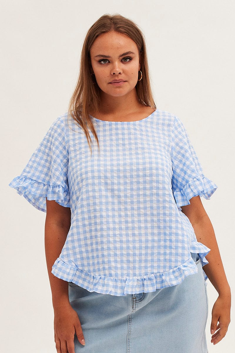 Blue Check Relaxed Top Short Sleeve Ruffle for YouandAll Fashion