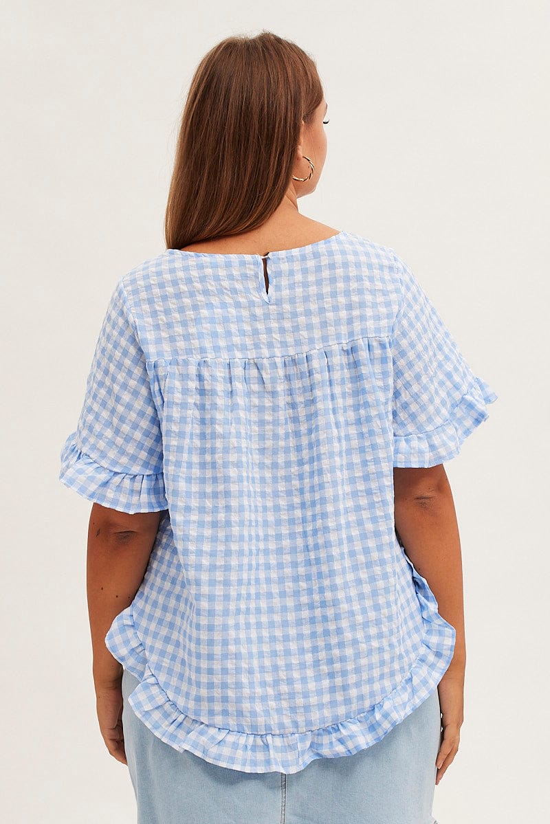 Blue Check Relaxed Top Short Sleeve Ruffle for YouandAll Fashion