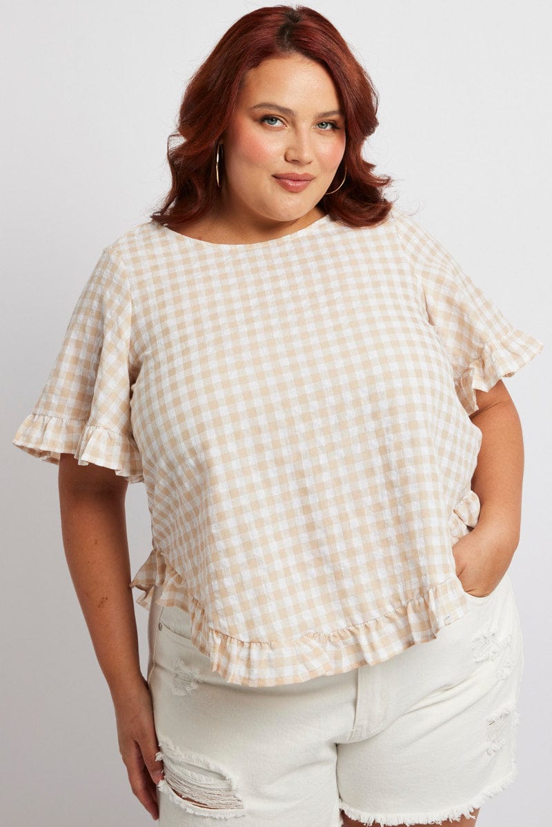 Beige Check Smock Top Short Sleeve for YouandAll Fashion