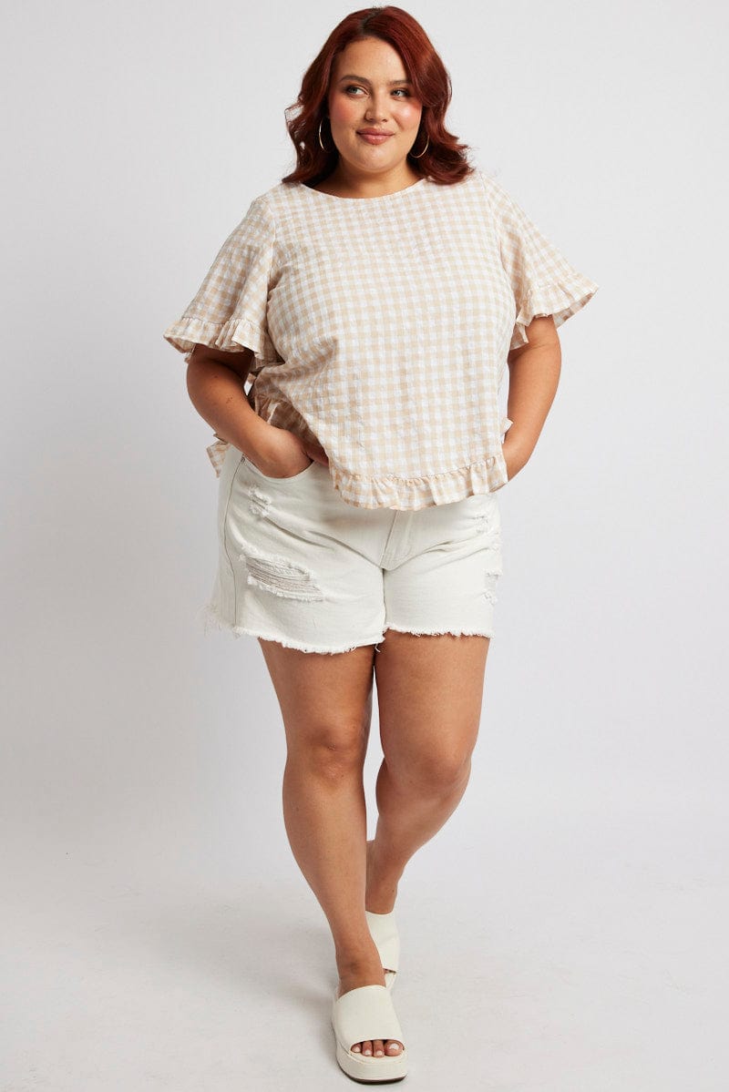 Beige Check Smock Top Short Sleeve for YouandAll Fashion